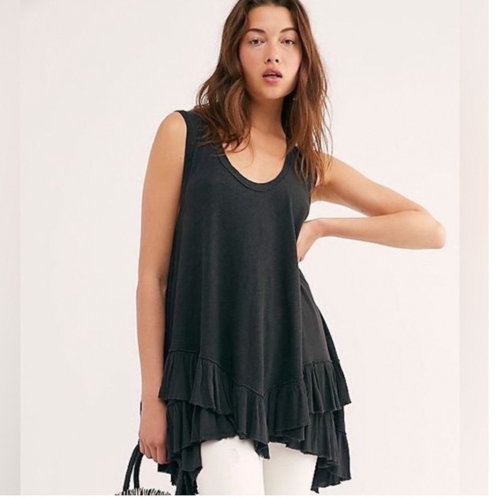 Free People Shimmy Sasha Tank Linen Blend Charcoal Grey Black XS